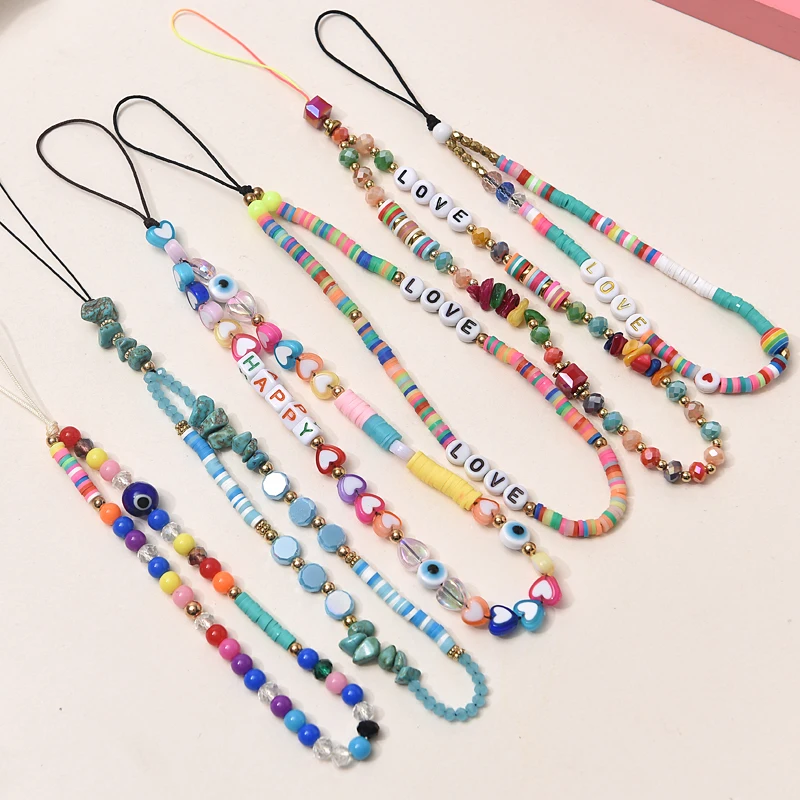 Fashion Women Clay Stone Beads Acrylic Mobile Phone Chain For Cellphone Strap Lanyard Hanging Cord Keychain Jewelry Accessories