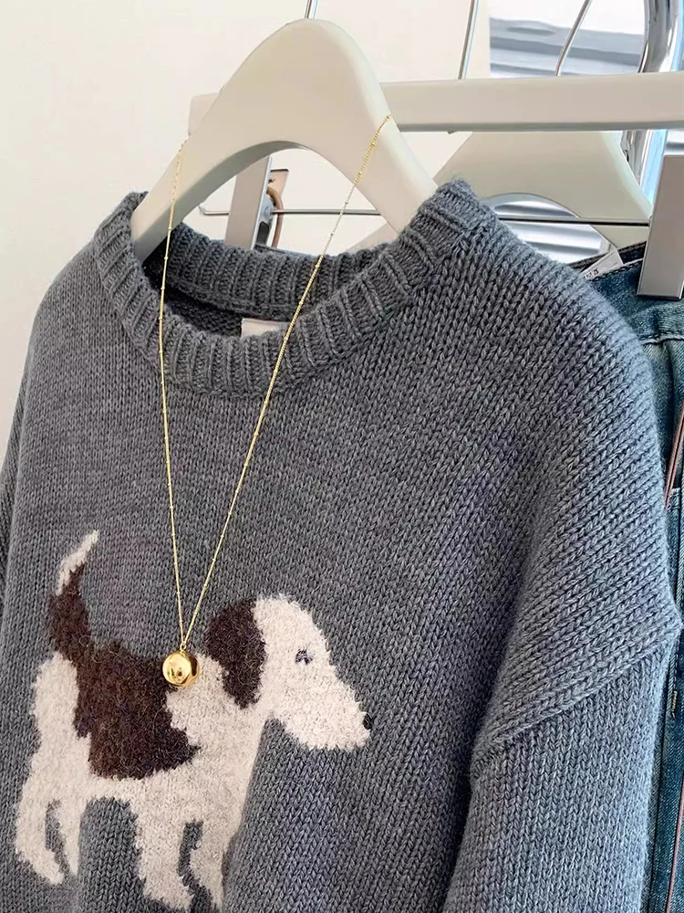 Pull à col rond pour femme, style coréen, mode, jacquard pour chien, doux, décontracté, hiver