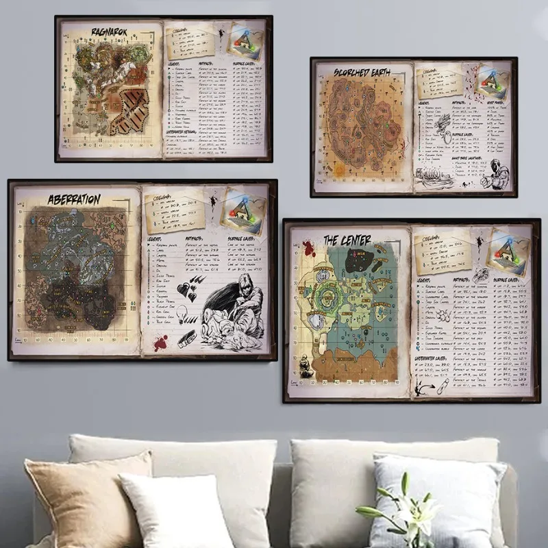 Ark Survival Evolved Island Map Poster Vintage Game Ragnarok Canvas Painting Wall Art for Living Room Home Decor Gamer Gift