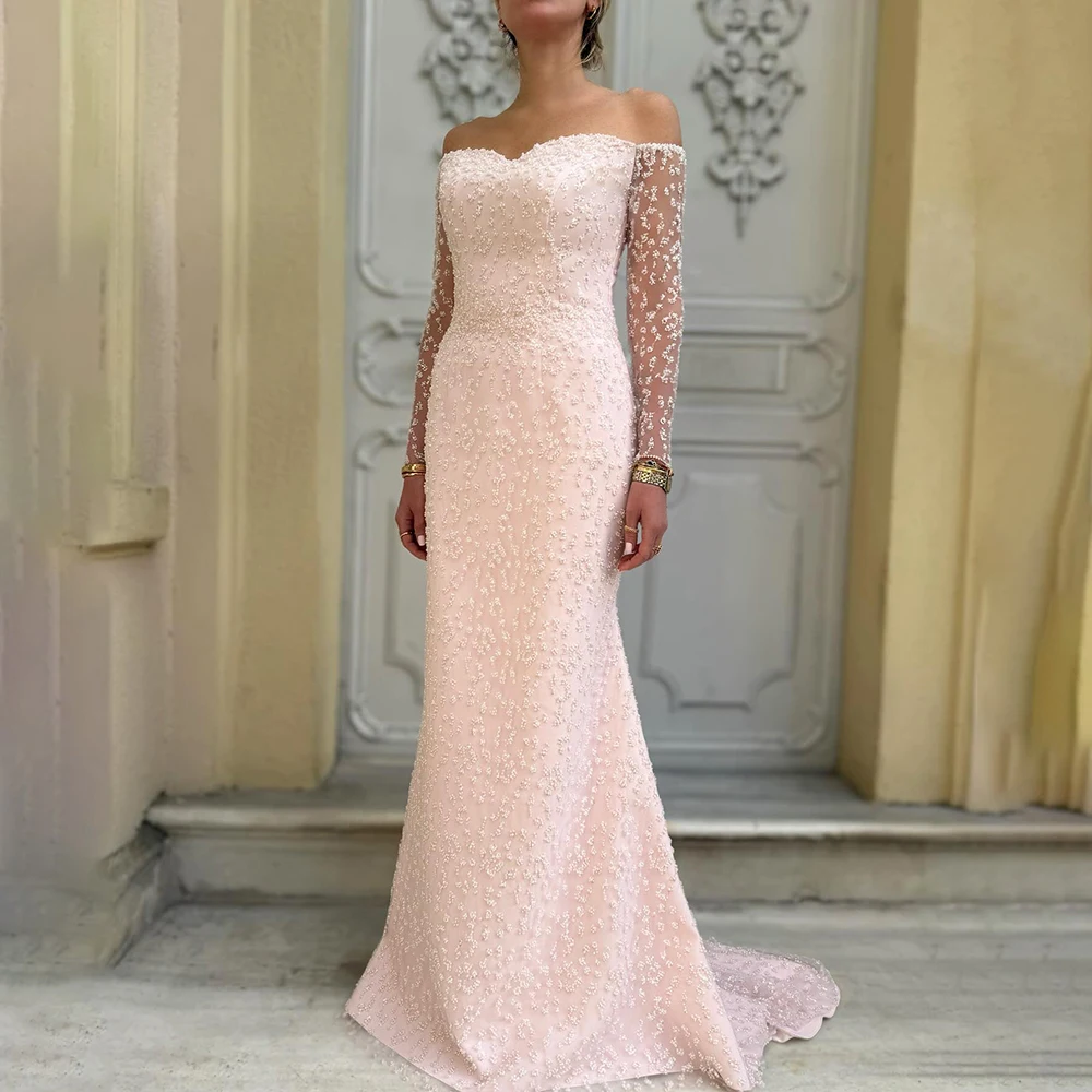 

Custom Made Pink Off Shoulder Sequins Shiny Long Sleeve Evening Dress Sheath Backless Floor Length Prom Party Dress with Court
