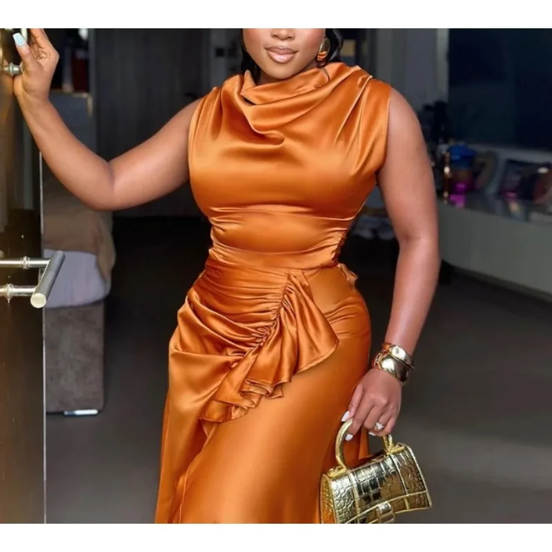 

Женское праздничное платье весна-лето 2024, последняя свежая милая юбка без рукавов с высокой талией, облегающая юбка средней длины с рюшами и краями нестандартной формы