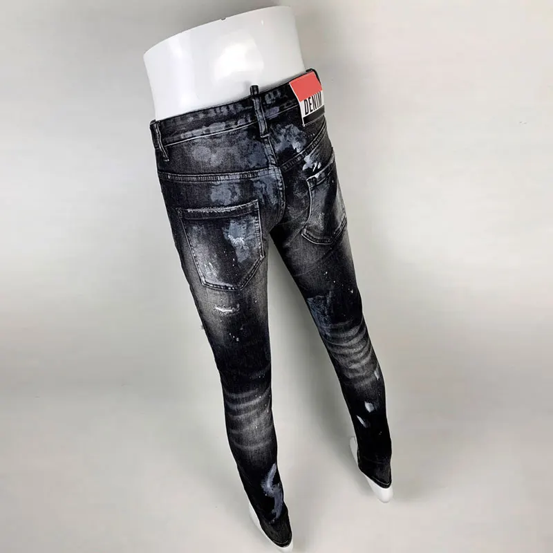 High Street Fashion Men Jeans Retro Black Gray Stretch Slim Fit Ripped Jeans Men Painted Designer Hip Hop Brand Pants Hombre