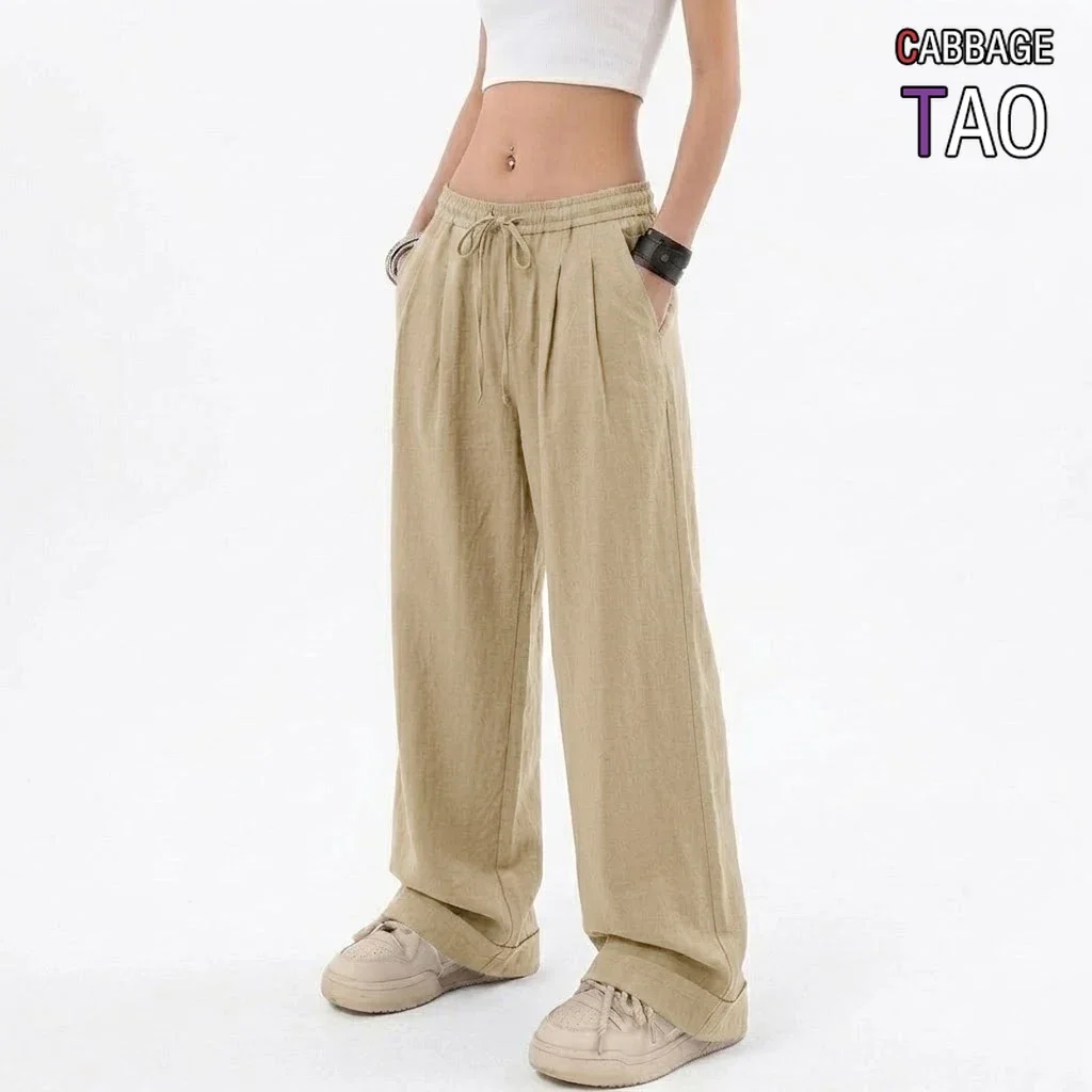 Womens Cotton Slacks Relaxed Stretch Waist Broad Leg Straight Cut Pants Plain Autumn Oversized Bottoms Drawcord Jog Trousers