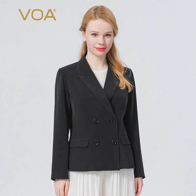 

VOA Autumn New 30m/m Silk Heavy North Point Night Slip Back Simple Business Double-breasted Blazer Wide-waisted Women Coat WE118