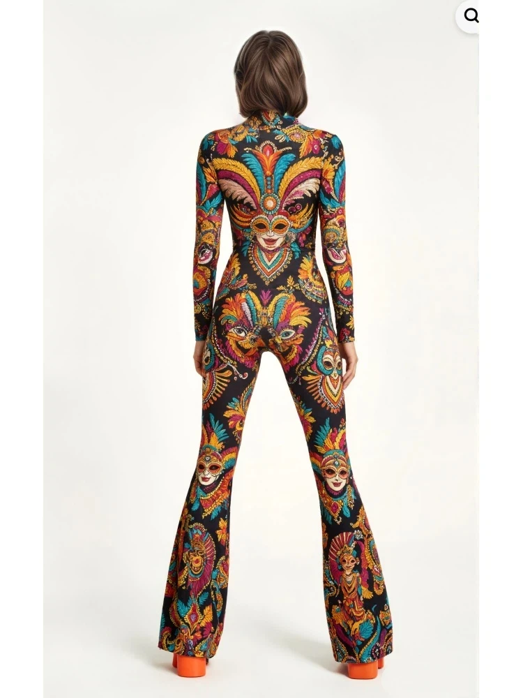 Damen Leoparden-Jumpsuit mit Schlaghose, Skelett-Design, Hochkragen, Flare-Leg-Bodysuit, Rentier-Party, Halloween-Festival, Aerial Yoga Zentai – Detail 12