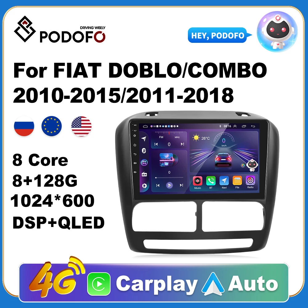 Podofo Wireless CarPlay Andorid Auto Car Radio For FIAT DOBLO 2010-2015/COMBO 2011-2018 AI Voice Multimedia GPS 2din autoradio