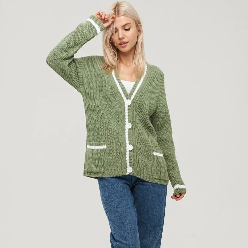 Damski kardigan dziergany sweter jesień zima uniwersalny dekolt w serek kieszeń dopasowanie kolorów dziergane swetry z długim rękawem kurtka damska