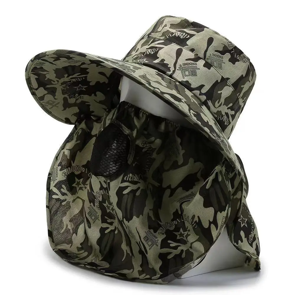 Camouflage Quick-drying Men Women Hat Outdoor Face Mask Wide Brim Bucket Hat Sun Protection Wide Brim Cap for Fishing Hunting