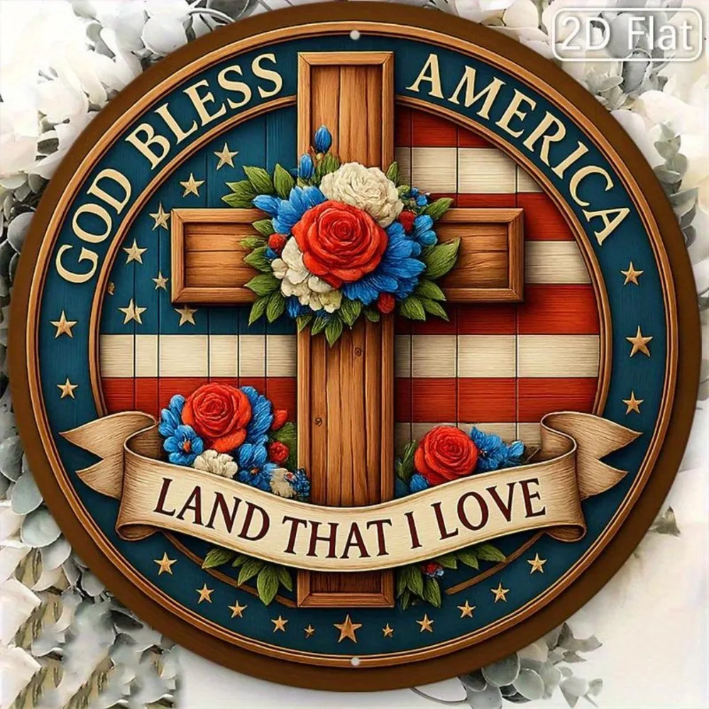 Arte de Pared con la Bandera de EE. UU. y Cruz, "Dios Bendiga a América", Decoración Cristiana Inspiradora para el Hogar