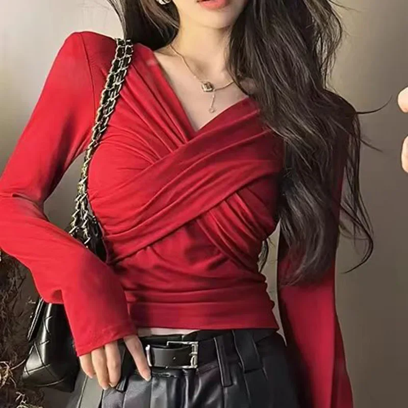 Gidyq outono vermelho fino manga longa t camisa feminina moda plissado decote em v camisa de fundo elegante chique feminino colheita t novo