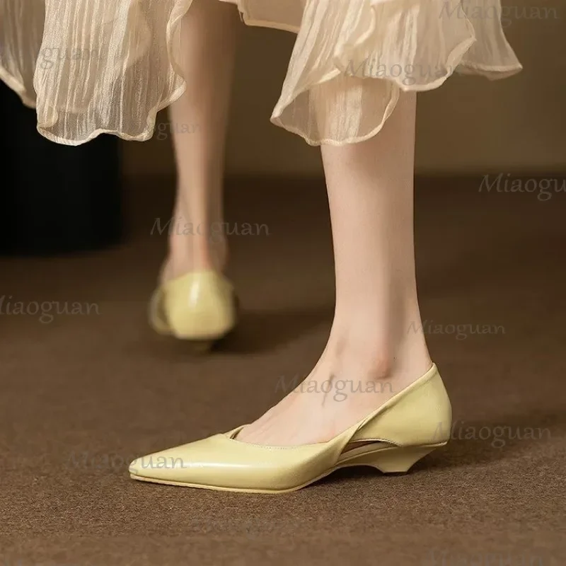 

Hollow Out Low Heel Shoes Woman Soft Leather Point Toe Dress Shoe Ladies Comfort Office Pumps Solid Color Casual Heels for Women