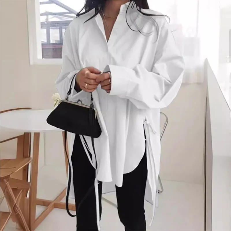 

Stylish Long Sleeve Shirt for Women 2025 Spring Irregular Hem Design Blouse Casual Loose Lace-up Lapel Tops Office Ladies Shirts