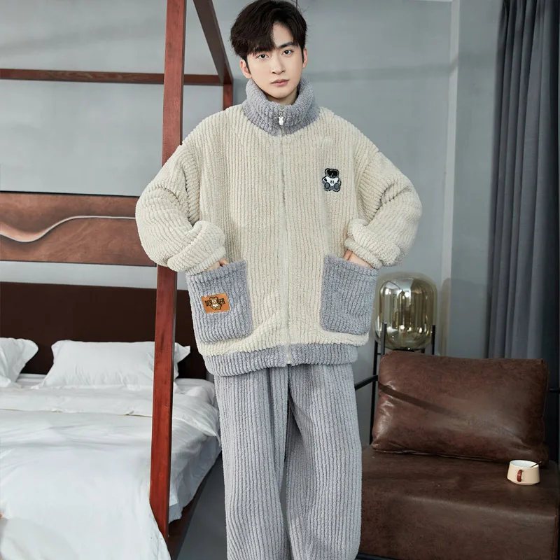 Male Zipper Pajamas Winter Coral Fleece Warm Pajama Sets Thickened Homewear Suit Men Thermal Flannel Sleepwear Turtleneck Lounge