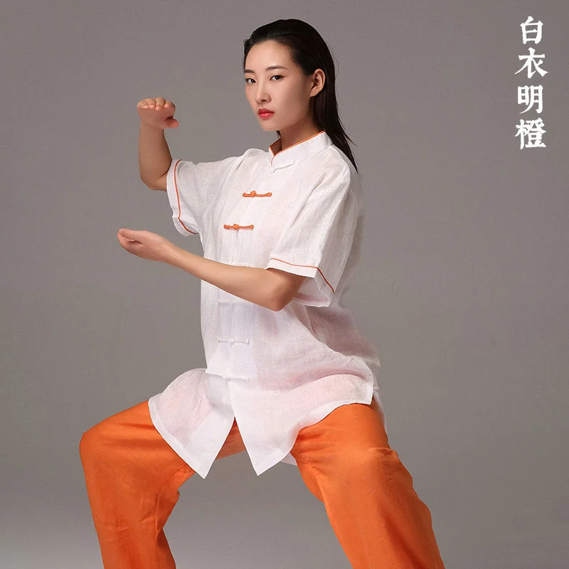 Linen Short Sleeve Tai Chi Uniform for Women Men Spring Summer Martial Arts Performance Competition Color Block Wear