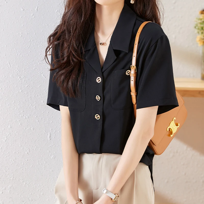 

Ele Bla Collar ort Sve Women's irt Summer Faion Hong Kong Sle High End Design Sensation Chiffon Top