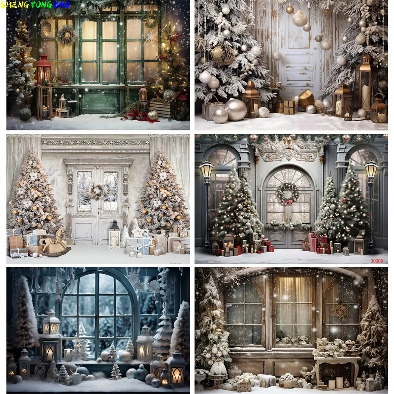 

SHUOZHIKE Christmas Tree Photography Backdrop Prop Wooden Doors Snowman Cinema Pine New Year Window Wreath Studio Background