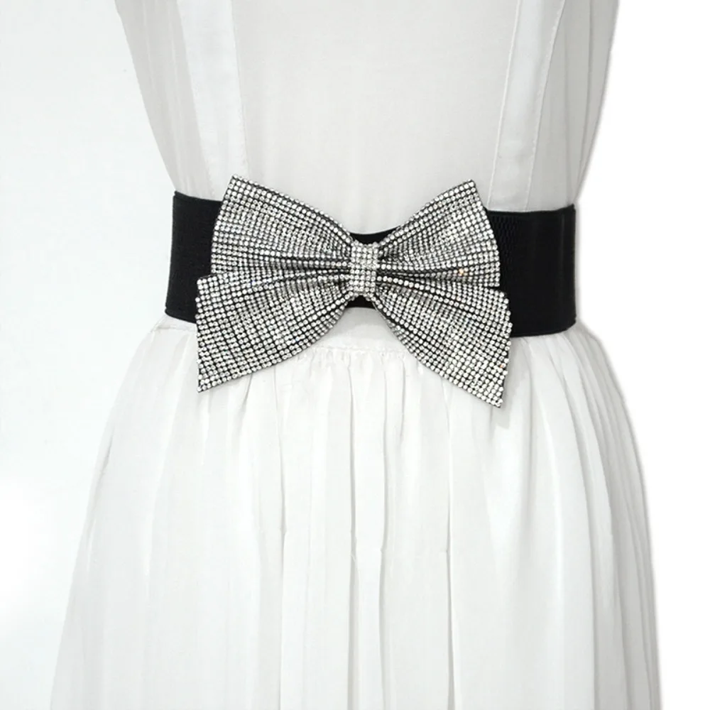 

Women Casual Classic Wide Elastic Belt Waist Band Rhinestone Bowknot Waistband Ladies Dress Cummerbands