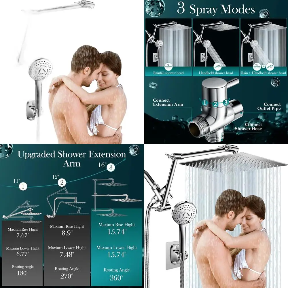 

12-inch High-Pressure Rain Shower Combo with 16-inch Adjustable Extension Arm and 5-Mode Handheld, Anti-Leak Chrome Finish