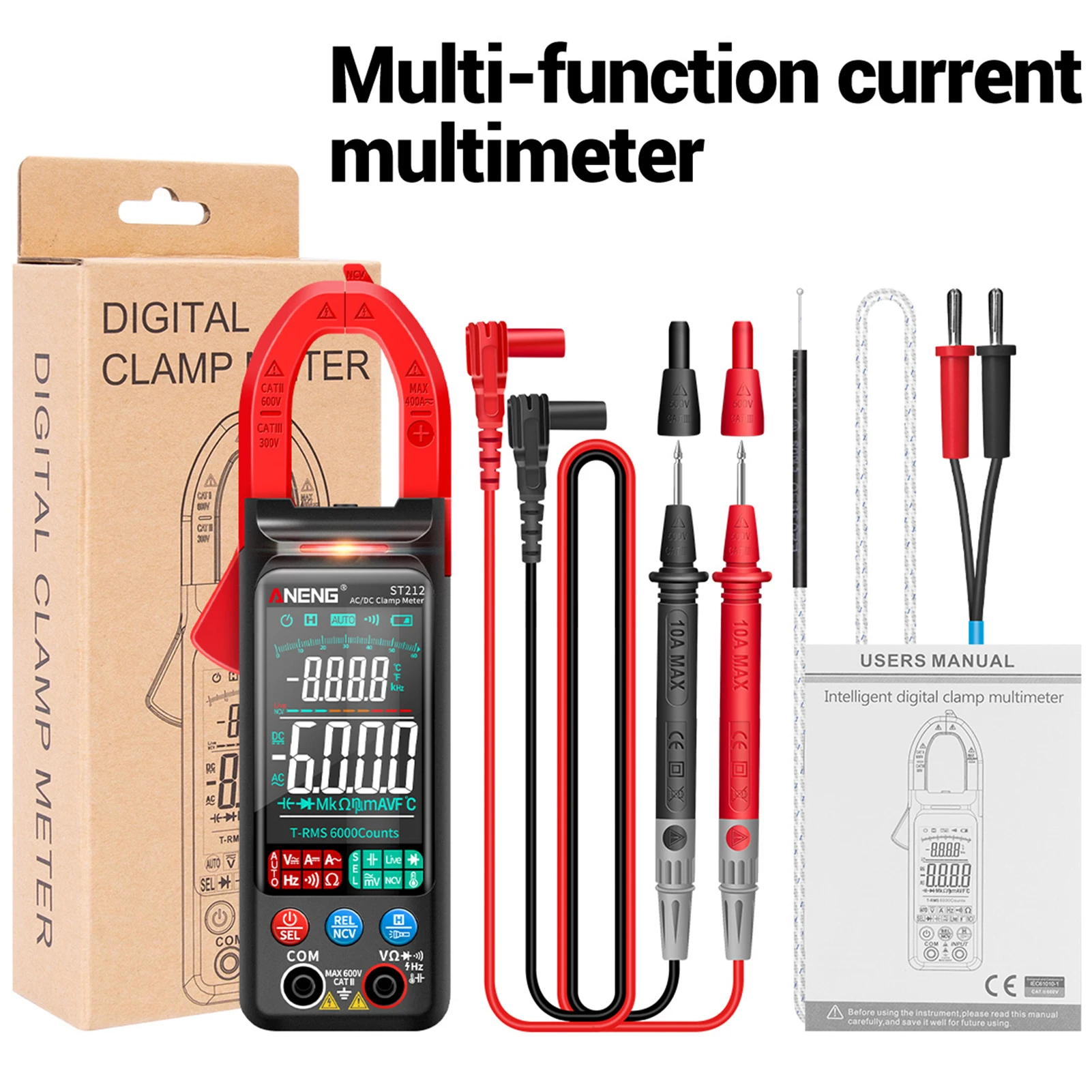 ST212 DC/AC Current Digital Clamp Meter 6000 Counts 400A Amp Multimeter Large Color Screen Voltage Tester Car Hz NCV Ohm Tool