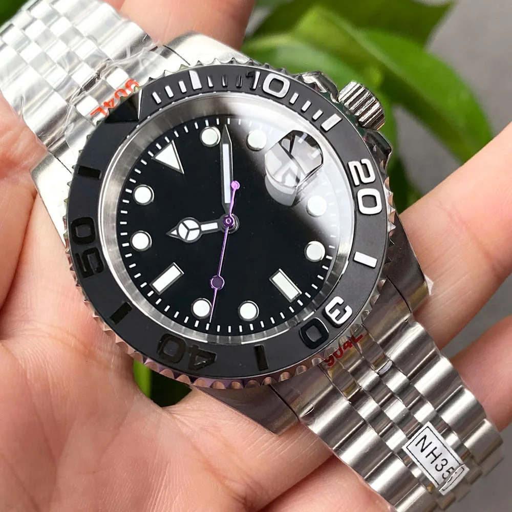 Waterproof 20Bar NH35A Mechanical Men Watch Purple Hand Nologo Black Dial Business Steel Diving Clock Luminous