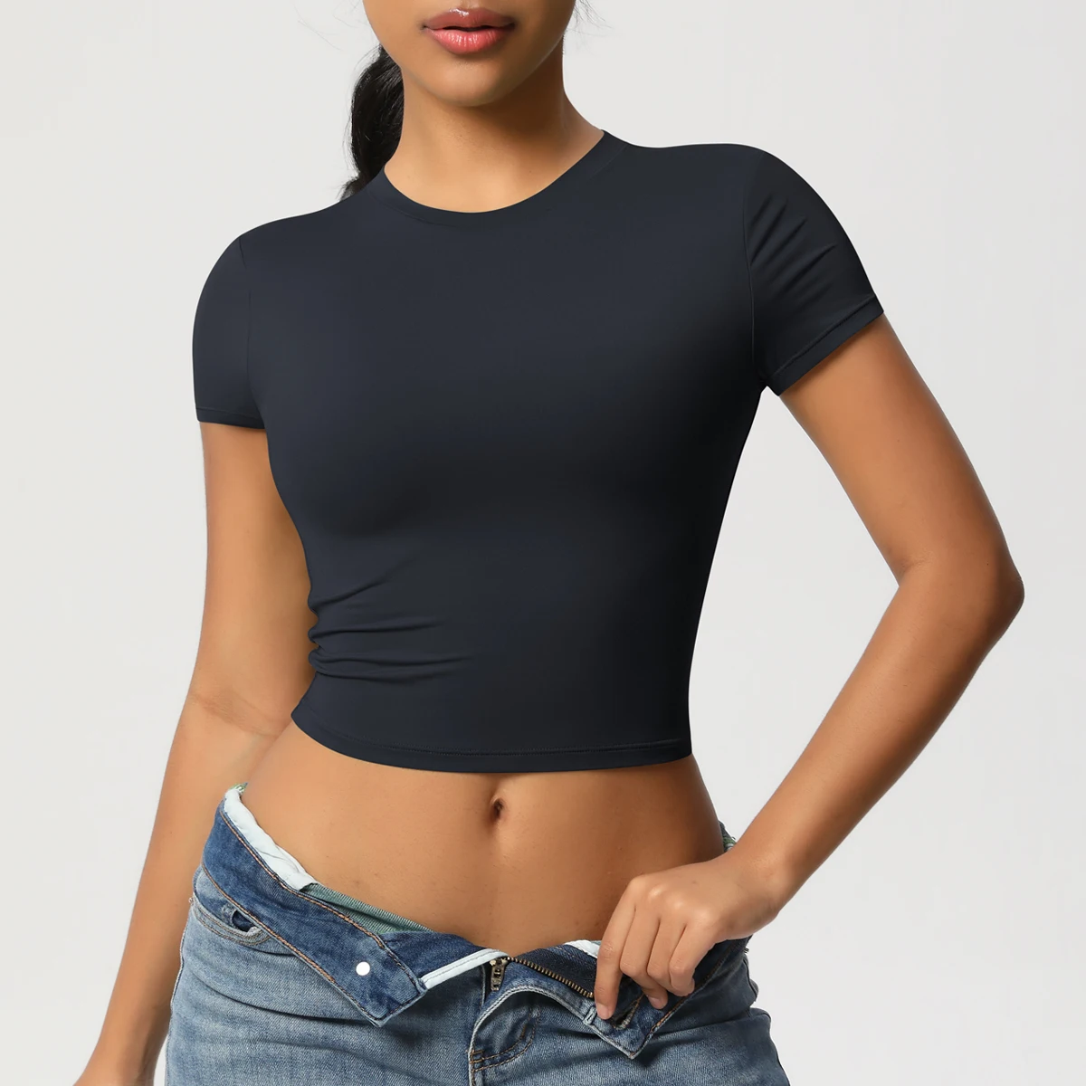 Frauen Sport Shirt Kurzarm Gym Top Workout Kleidung Hohe Elastische Active Wear Femme Lauf Zubehör Fitness T-shirt – Detail 15