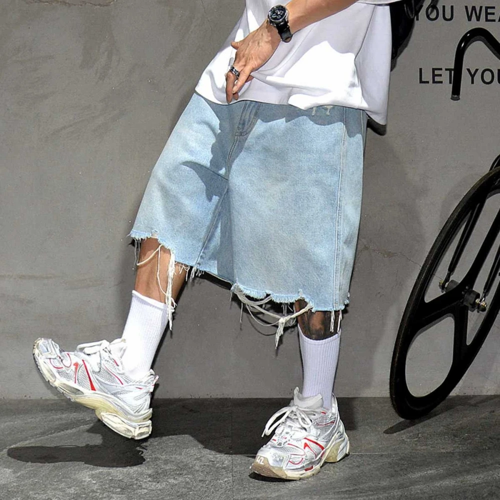 American Streetwear Rough Selvedge Ripped Jorts Korean Hip Hop Blue Denim Shorts Trend Mens Shorts Summer Skateboard Jeans Male