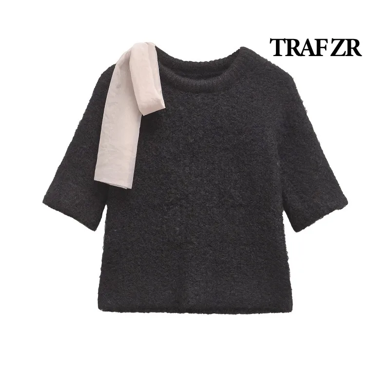 TRAF ZR-jerséis recortados Y2k para mujer, Top Vintage, jerséis de manga corta, suéter de otoño, prendas de punto con lazo, suéteres negros con cuello redondo