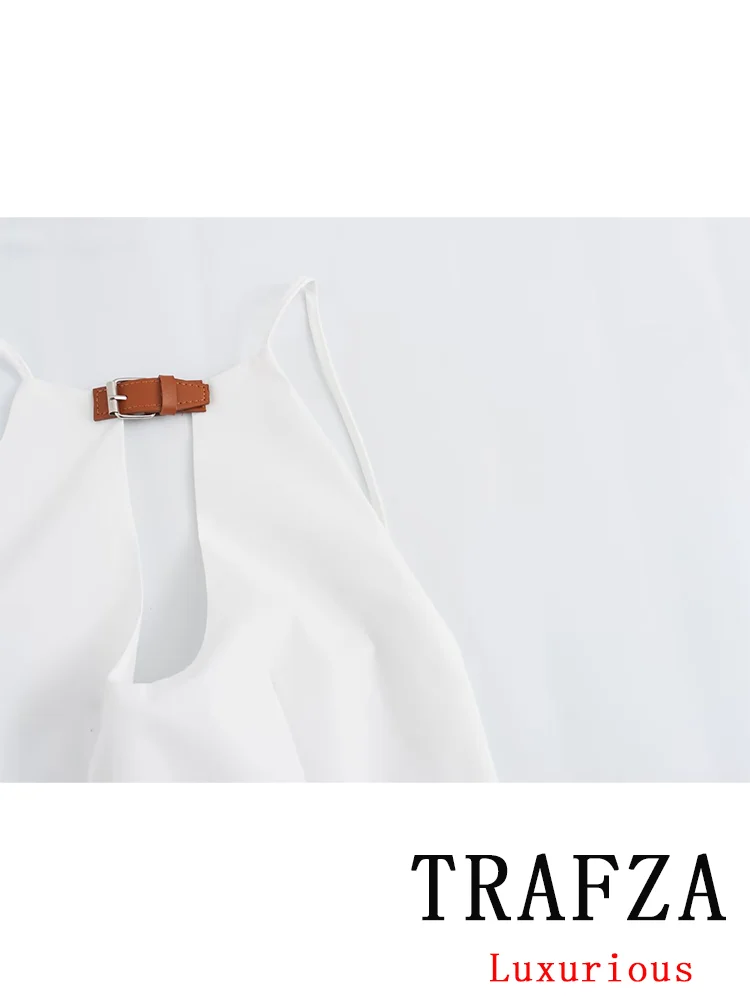 TRAFZA-Vestido corto recto de verano para mujer, minivestido blanco liso con espalda descubierta y cremallera, Estilo Vintage e informal, a la moda, 2024