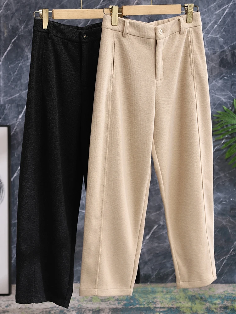 

Slimming Effectiveness Comfortable Soft Woolen Casual Pants High Waist Polyester Fiber Fleece Lined Thickened Nine Point Harl...