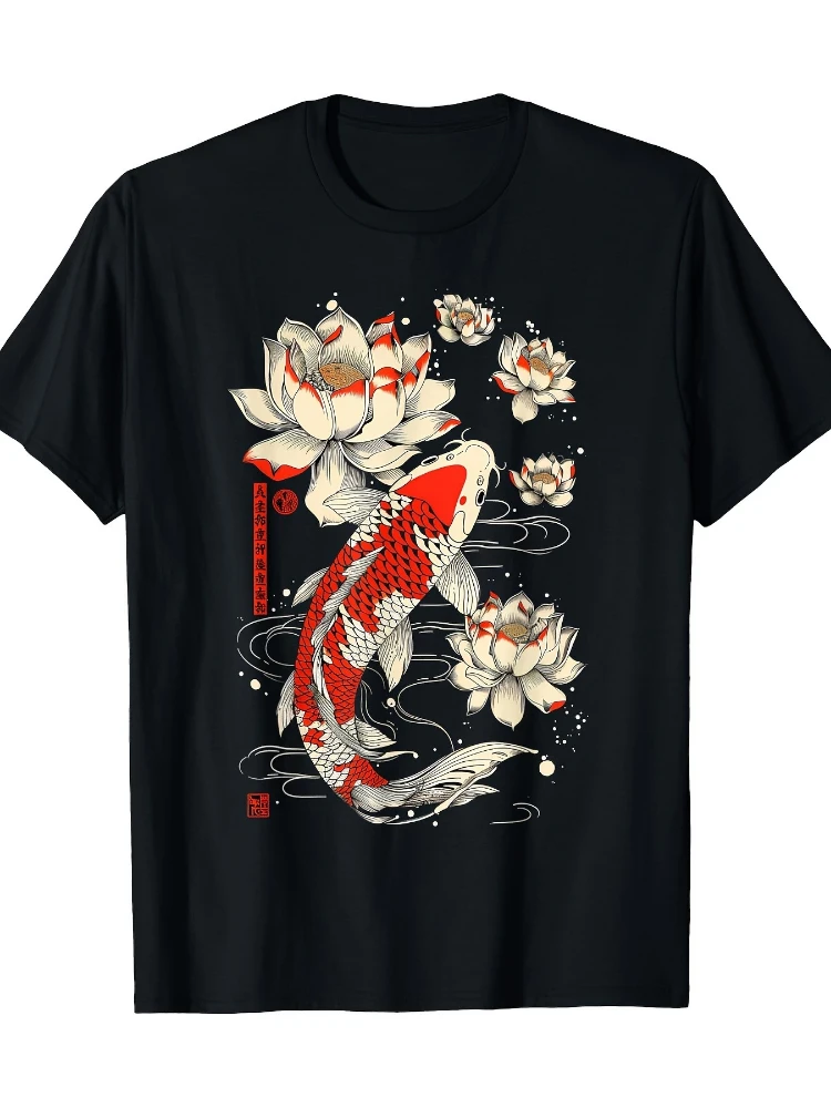 

Punk Gothic,Japanese Style Koi Fish Lotus Vintage Art pattern design-100% cotton O-neck short sleeve printed men's T-shirt.