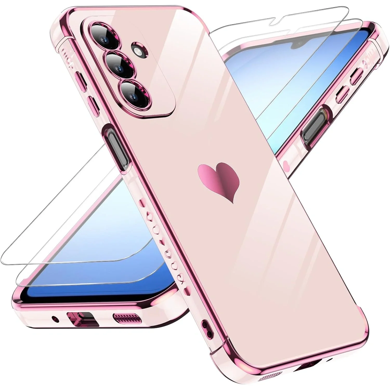 Phone case: 3-piece set [1 phone case + 2 high-definition tempered glass covers], magnetic attachment function, suitable for Samsung Galaxy A17-5G, with love coating, luxurious and fashionable design, shock-proof protection for the phone case.