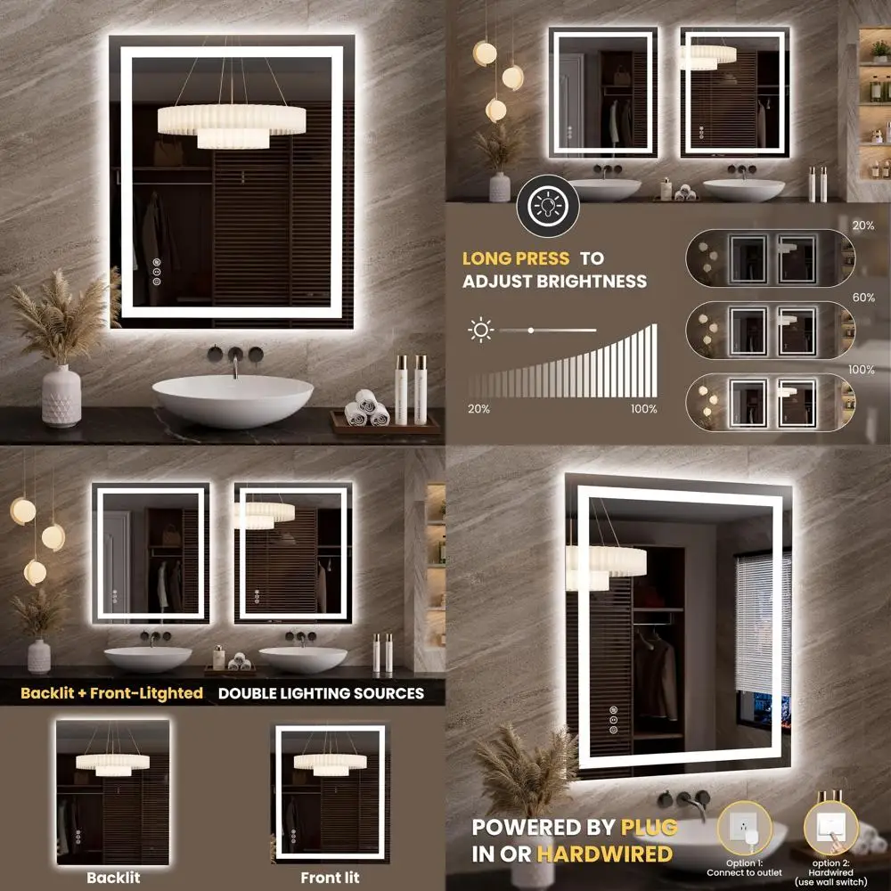 

LED Illuminated Mirror, Bathroom Vanity Mirror with Anti-Fog, Dimmable, Memory Function, Easy Install, Clear Reflection