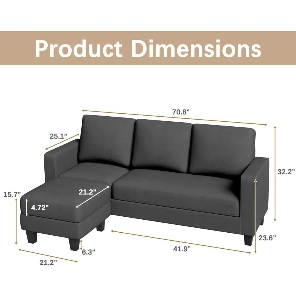 Convertible L-shaped sectional, 3-seat couch, ottoman, modern fabric, reversible chaise, dark gray, ideal for small living room