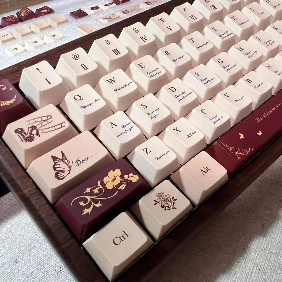 

140Key Retro Red-Brown Keycap Depreciation Love Letter Cherry Sublimation Pbt Butterfly Flower Elements Diy French Style Keycap