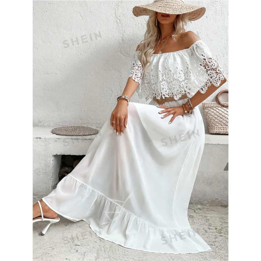 White Dress Women Long Dresses Off Shoulder A Line Vestidos Lace Ruffles Slim Elegant Splice Y2k High Waist Party Summer 2025