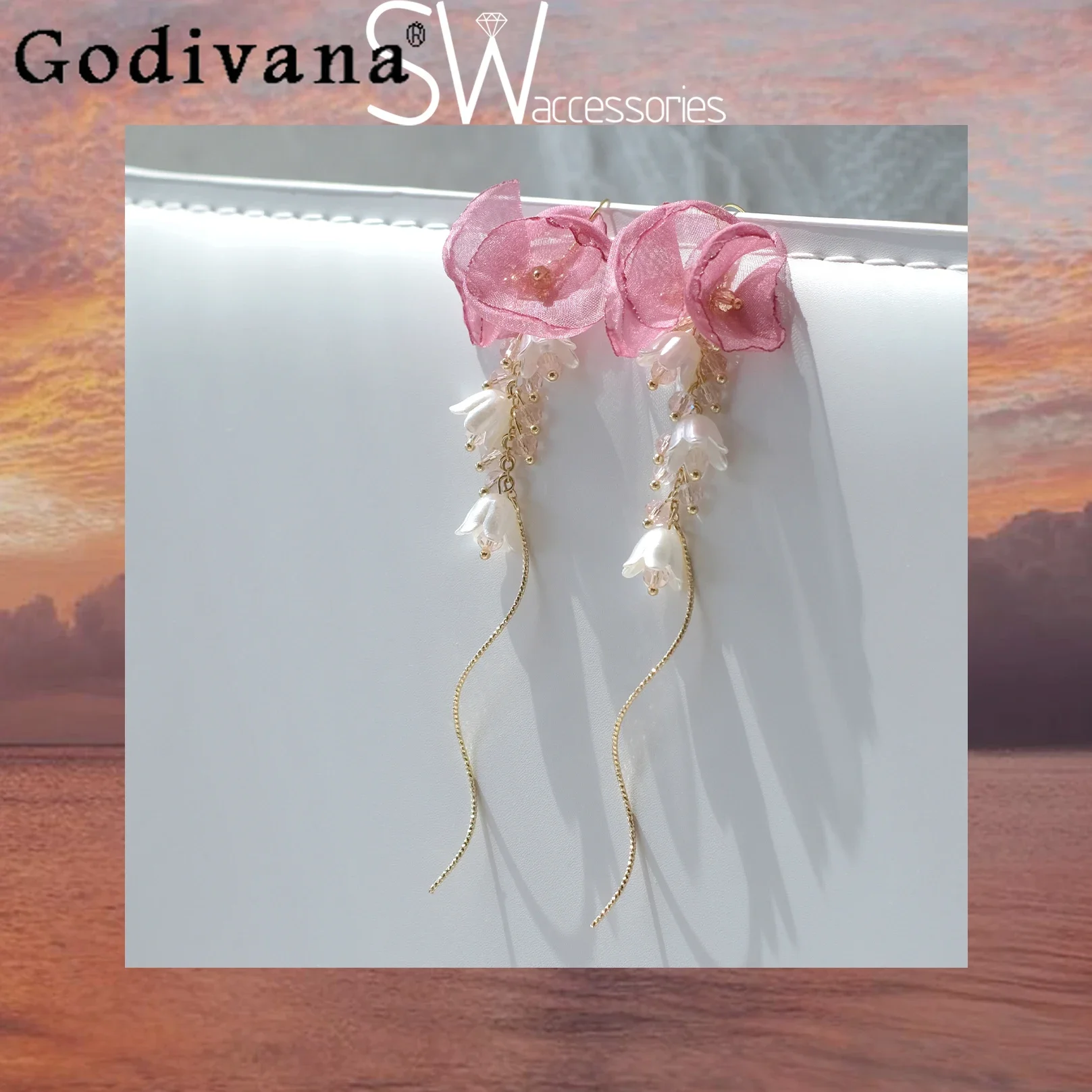 

Girly Harajuku Sweet Cute Tassel Gauze Flower Pink Earrings Women Elegant All-Match Fashion Ear Clip 2024 New Ear Accessories