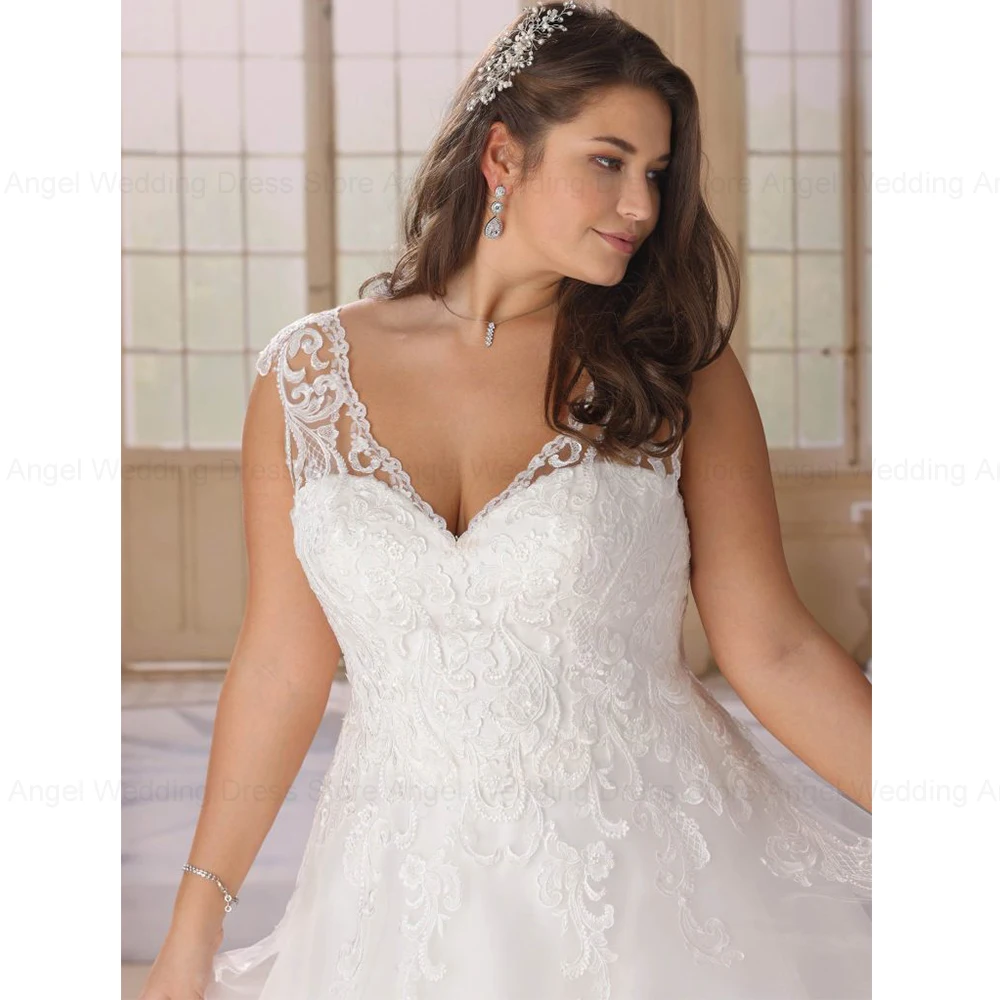 ANJO-Vestidos de casamento elegantes, plus size, linha A, decote em v profundo, sem mangas, apliques de tule, vestidos de noiva, novo, 2021, Novia