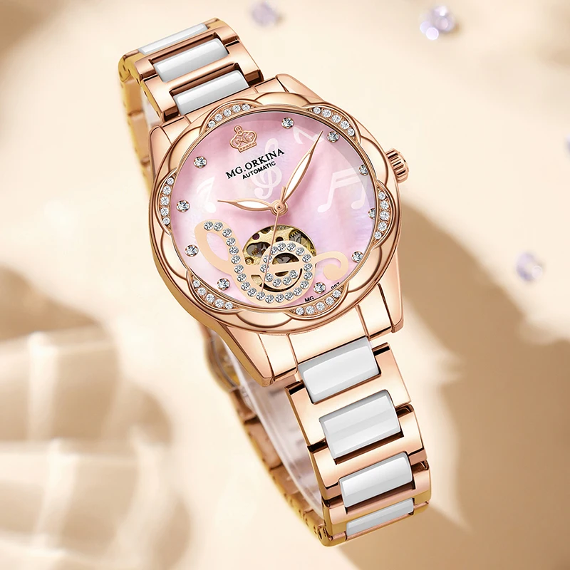 Luxury Mechanical Watch for Ladies Unique Skeletonized Musical Note Rhinestones Dial Stainless Steel Ceramic Strap Woman Gifts