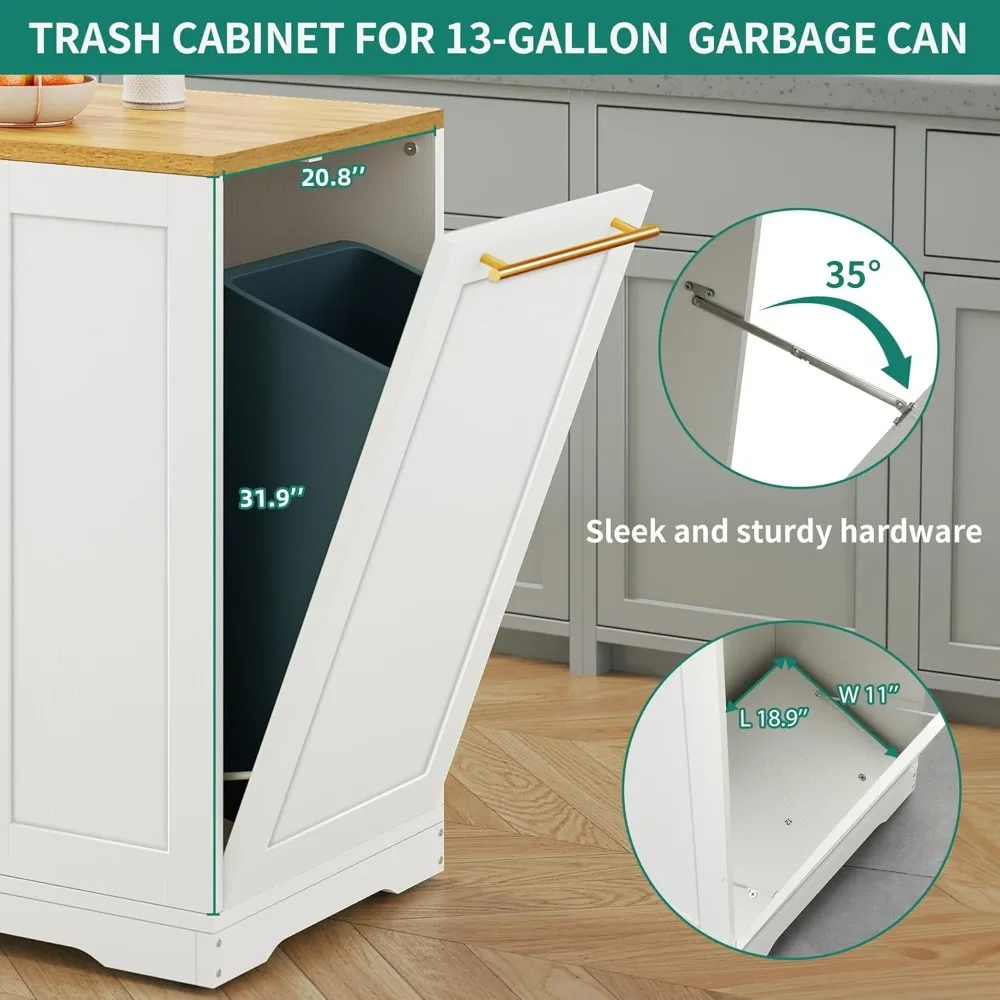 Large Rolling Kitchen Island, with Trash Can Locker, Portable Mobile Island Long Float, 13 Gallon Trash Can 2 Drawers, Island