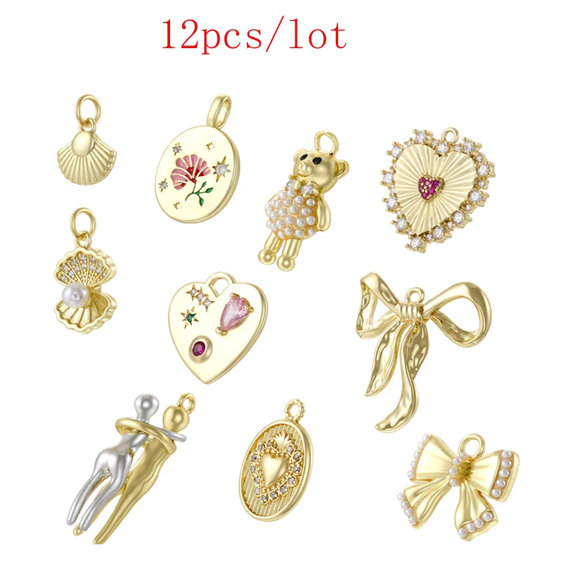 

12pcs Mix Color Copper Pearl Bow Shell Shaped Pendant Charms For Jewelry Making DIY Necklace Bracelet Accessories
