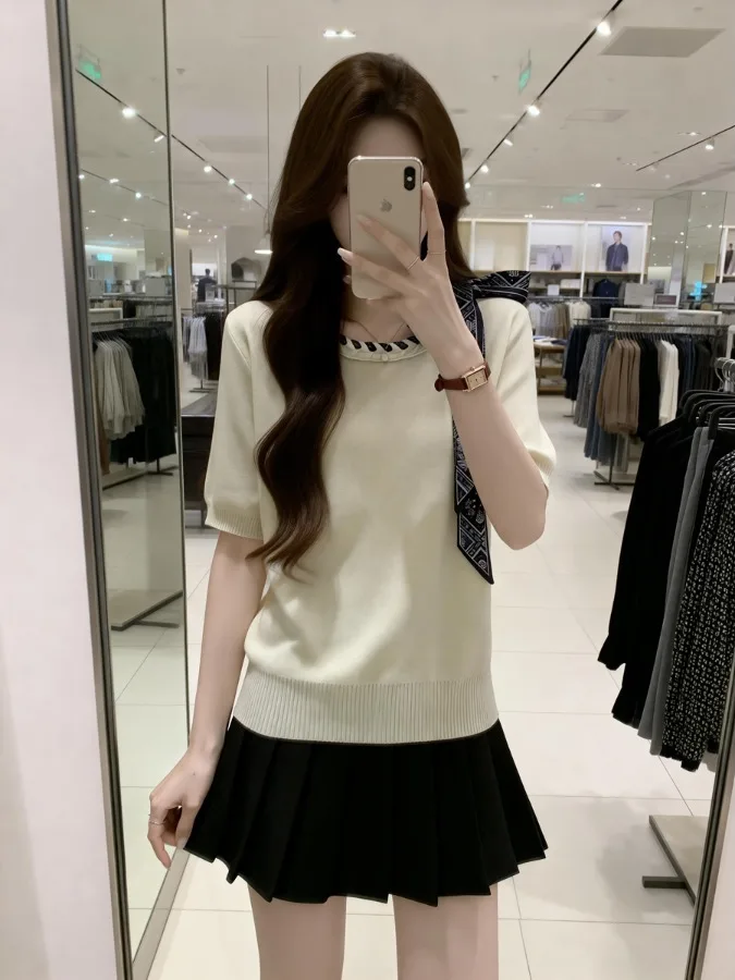 

Slimming Large Size Women's Short Sleeve Knitwear Summer Fashionable Loose Meat Covering Trendy Top Korean Style Commute Wind