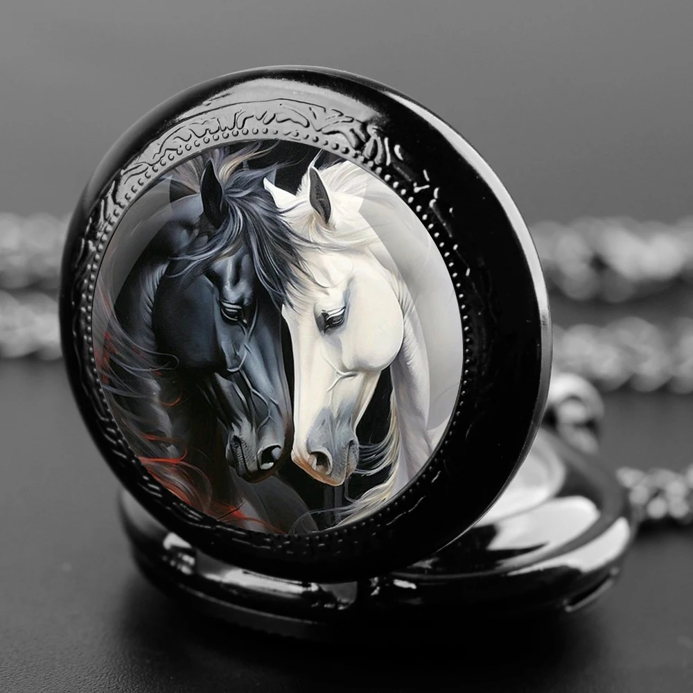 Delicate Gifts Quartz Pocket Watch Black and White Horse Design Glass Dome Necklace Pendant Clock for Mens Womens