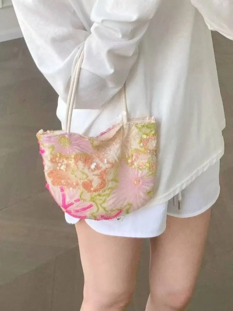 Bloom Fairy Core Aesthetic Y2k Hand Bag Women Flower Embroidered Handle Chic Casual Crossbody Bags Ladies Versatile Handbag