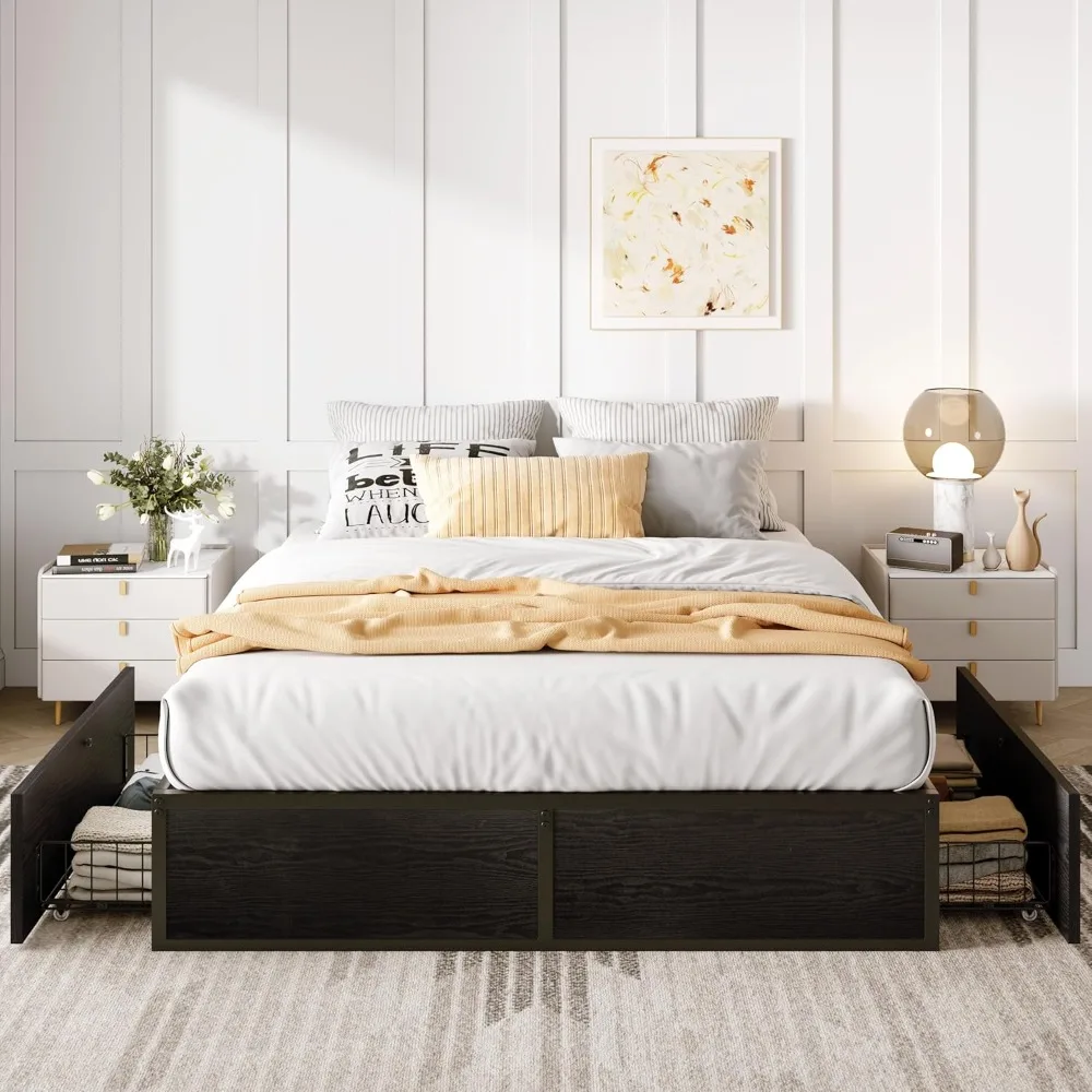 

Queen Size Bed Frame with 2 Large Storage Drawers, Rustic Wood and Metal, Noise-Free, Easy Assembly, No Box Spring Needed