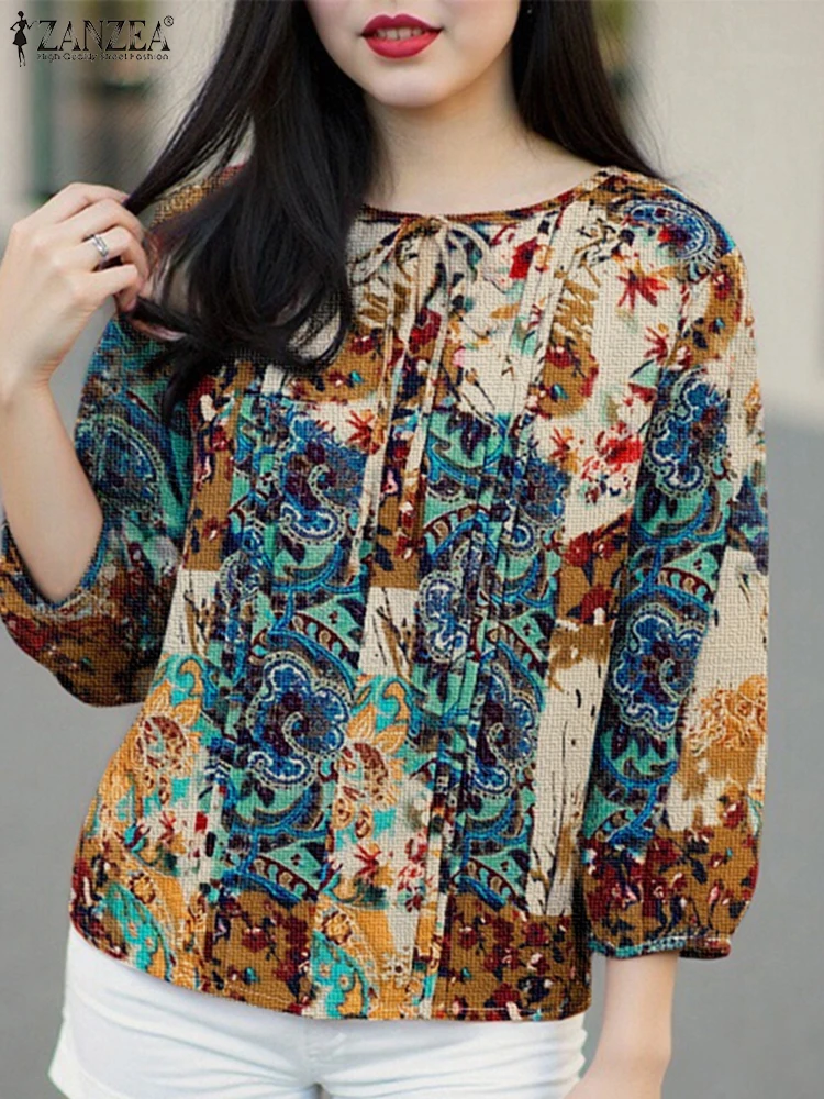

ZANZEA Cotton Blouse Women Vintage Printed Shirts Casual Lace-Up Blouse 2025 Summer Bow Loose O-Neck 3/4 Sleeve Pleated Tunic