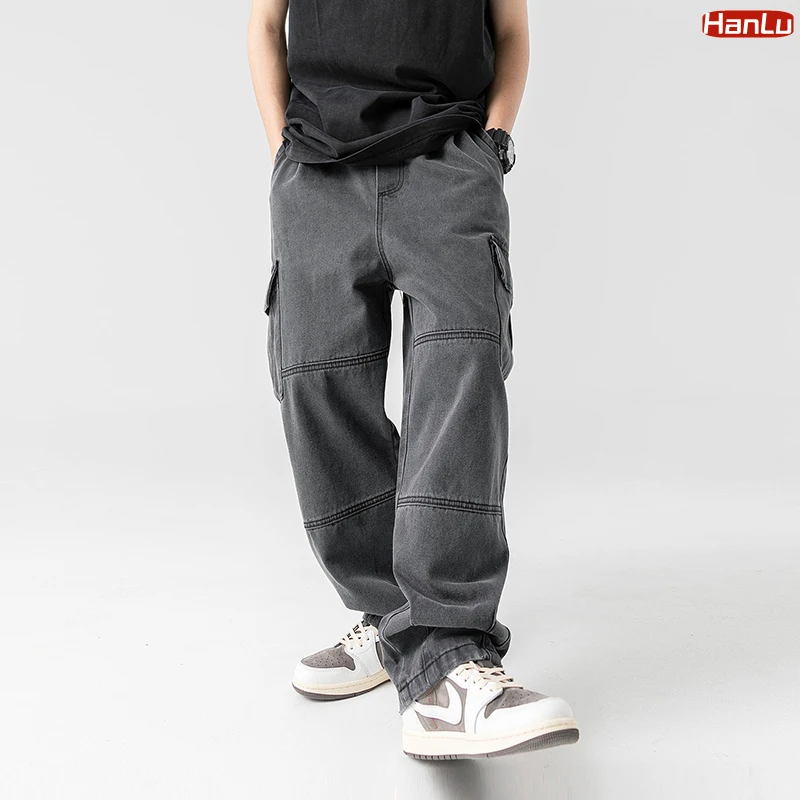 Hanglu-レトロな色あせたパンツ,ワイドレッグ,ルーズフィット,ポケット,ヒップホップ,ストリート,デニム,日本,2023