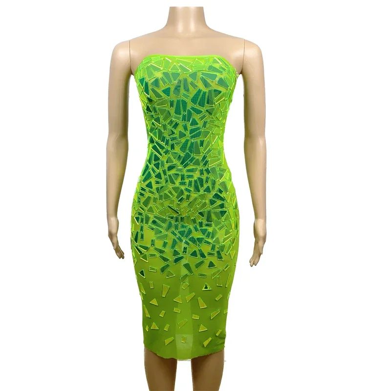 กระพริบผู้หญิงปาร์ตี้กระจกชุดเลนส์สีเขียวชุดราตรีวันเกิดเฉลิมฉลองเครื่องแต่งกายเวทีเทศกาลชุดคลับแวร์ XS6626