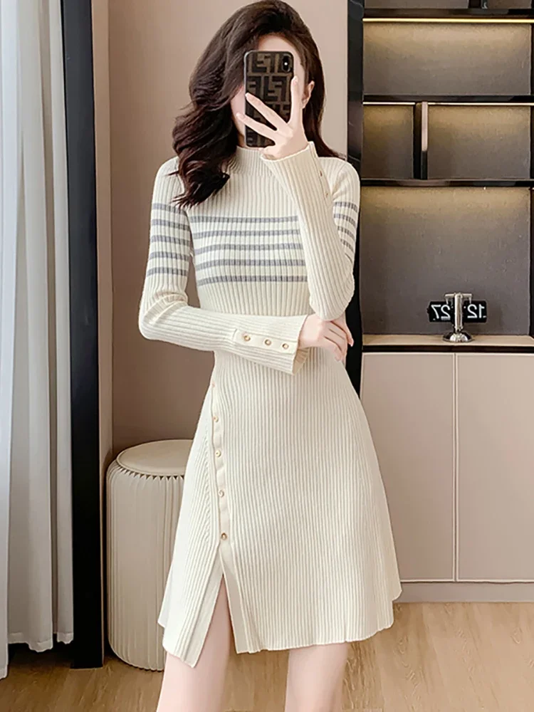 2024 White Knitted Striped Long Sleeve Turtleneck Women Korean Elegant Casual Home Dress Autumn Winter Thick Warm Sweater Dress