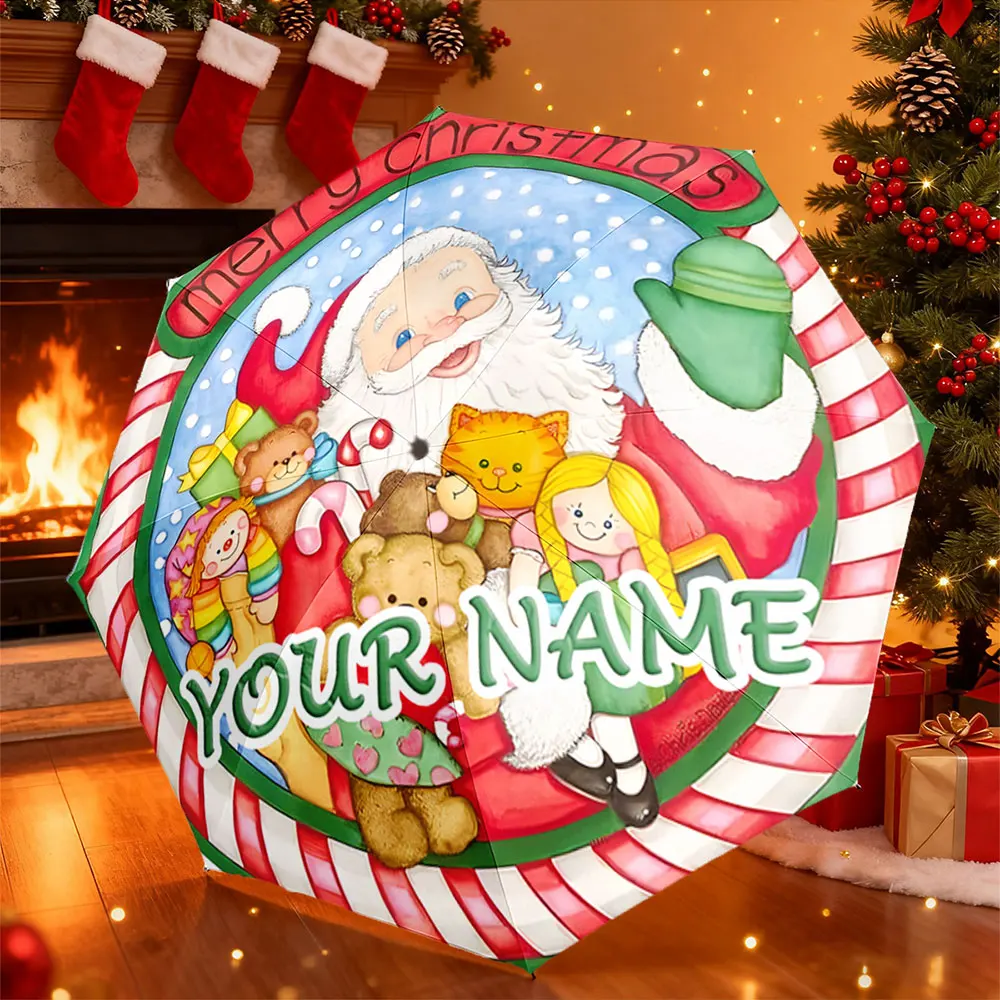 Custom Name Umbrella， Christmas Santa Design Umbrella with Toys and Holiday Cheer ,Portable Folding Umbrella, Christmas Gift