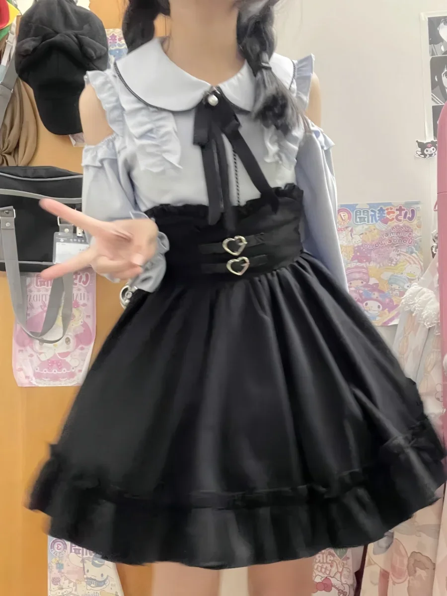Japanese Style Fashion Women's Skirt Two-Piece Set Autumn Winter Sweet Cute Off-the-Shoulder Bow Shirt High Waist Slim Fit Skirt